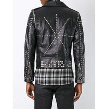 Load image into Gallery viewer, Men's Classic Sliver Studded Leather Motorcycle Jacket, Biker Leather Black Jacket - Shearling leather