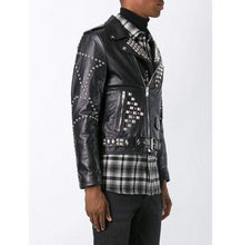 Load image into Gallery viewer, Men's Classic Sliver Studded Leather Motorcycle Jacket, Biker Leather Black Jacket - Shearling leather