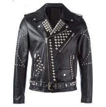 Load image into Gallery viewer, Men's Classic Sliver Studded Leather Motorcycle Jacket, Biker Leather Black Jacket - Shearling leather