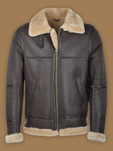 Load image into Gallery viewer, Men Dark Brown RAF Shearling Bomber Leather Jacket - Shearling leather