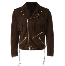 Load image into Gallery viewer, Men's Fringe Motorcycle Suede Jacket Men's Clothing, Men's Cow Boy Brown Western Jacket - Shearling leather