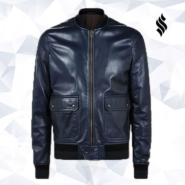 Navy blue leather bomber jacket mens best sale