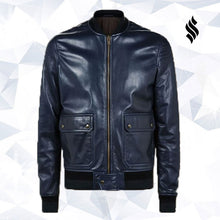 Load image into Gallery viewer, Men Navy Blue Bomber Jacket - Shearling leather