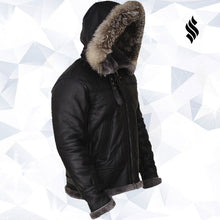 Load image into Gallery viewer, Men Black Shearling Jacket With Hoodie - Shearling leather