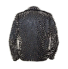 Load image into Gallery viewer, Men's Silver Studded Custom Patches Long Spike Brando Belted Rocker Black Jacket - Shearling leather