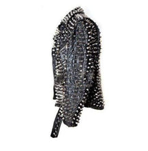 Load image into Gallery viewer, Men's Silver Studded Custom Patches Long Spike Brando Belted Rocker Black Jacket - Shearling leather