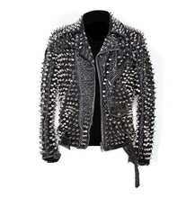 Load image into Gallery viewer, Men's Silver Studded Custom Patches Long Spike Brando Belted Rocker Black Jacket - Shearling leather