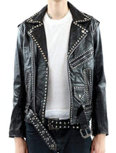 Load image into Gallery viewer, Men Silver Studded Jacket Black Punk Silver Spiked Leather Belted Biker Jacket - Shearling leather