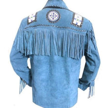 Load image into Gallery viewer, Men's Western Suede Jacket, Blue Cowboy Fringe Suede Jacket - Shearling leather