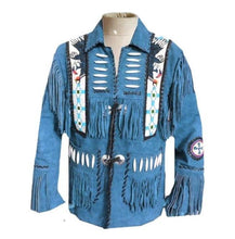 Load image into Gallery viewer, Men's Western Suede Jacket, Blue Cowboy Fringe Suede Jacket - Shearling leather