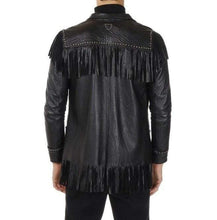 Load image into Gallery viewer, Men's Western Leather Jacket Wear Fringes Beads Native American Cowboy Black Coat - Shearling leather