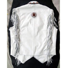 Load image into Gallery viewer, Western Leather Jacket, Handmade White Cowboy Fringe Leather Jacket - Shearling leather