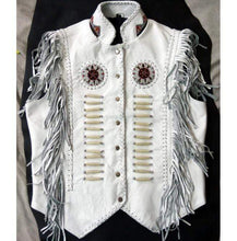 Load image into Gallery viewer, Western Leather Jacket, Handmade White Cowboy Fringe Leather Jacket - Shearling leather