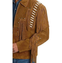 Load image into Gallery viewer, Men's Western Suede Jacket, Brown Fringe Cowboy Jacket - Shearling leather