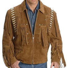 Load image into Gallery viewer, Men's Western Suede Jacket, Brown Fringe Cowboy Jacket - Shearling leather