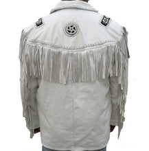 Load image into Gallery viewer, Men's Western Leather Jacket, Handmade Cowboy White Fringe Jacket - Shearling leather