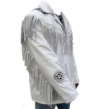 Load image into Gallery viewer, Men's Western Leather Jacket, Handmade Cowboy White Fringe Jacket - Shearling leather