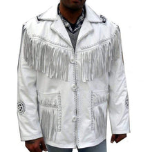 Load image into Gallery viewer, Men's Western Leather Jacket, Handmade Cowboy White Fringe Jacket - Shearling leather