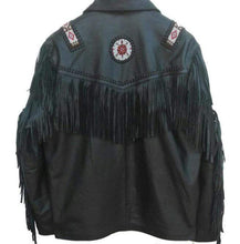 Load image into Gallery viewer, Western Leather Jacket, Black Cowboy Leather Fringe Jacket - Shearling leather