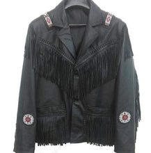 Load image into Gallery viewer, Western Leather Jacket, Black Cowboy Leather Fringe Jacket - Shearling leather