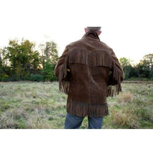 Load image into Gallery viewer, Men's Western Suede Jacket, Dark Brown Cowboy Suede Fringe Jacket - Shearling leather