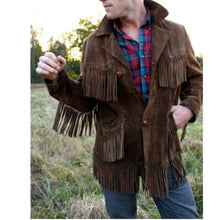 Load image into Gallery viewer, Men's Western Suede Jacket, Dark Brown Cowboy Suede Fringe Jacket - Shearling leather