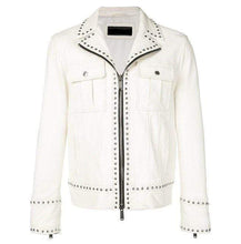 Load image into Gallery viewer, White Studded Leather Jacket Motorcycle Fashion Leather Jacket - Shearling leather