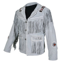 Load image into Gallery viewer, Men White Western Style Fringes Cowboy Suede Leather Jacket - Shearling leather