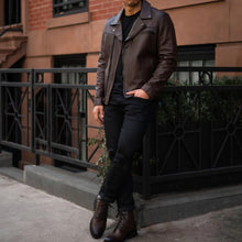 Load image into Gallery viewer, Men Brown Motorcycle Leather Racer Jacket