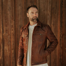 Load image into Gallery viewer, Men Goatskin Plain Brown Trucker Leather Jacket