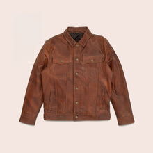 Load image into Gallery viewer, Men Goatskin Plain Brown Trucker Leather Jacket