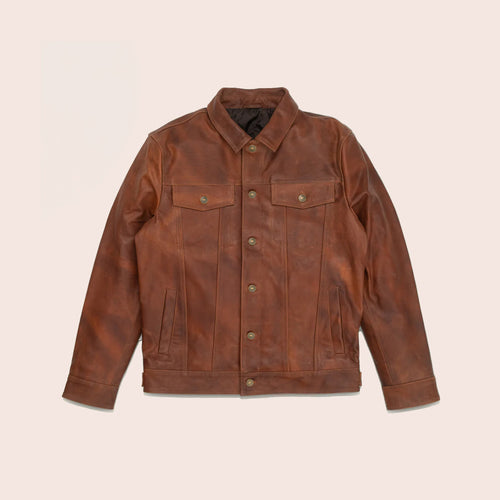 Men Goatskin Plain Brown Trucker Leather Jacket