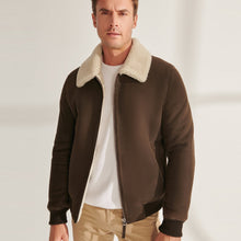 Load image into Gallery viewer, Men Khaki Brown Sheepskin Shearling Leather Bomber Jacket