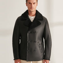 Load image into Gallery viewer, Mens Classic Black Flying Sheepskin Shearling Long Aviator Leather Jacket Coat