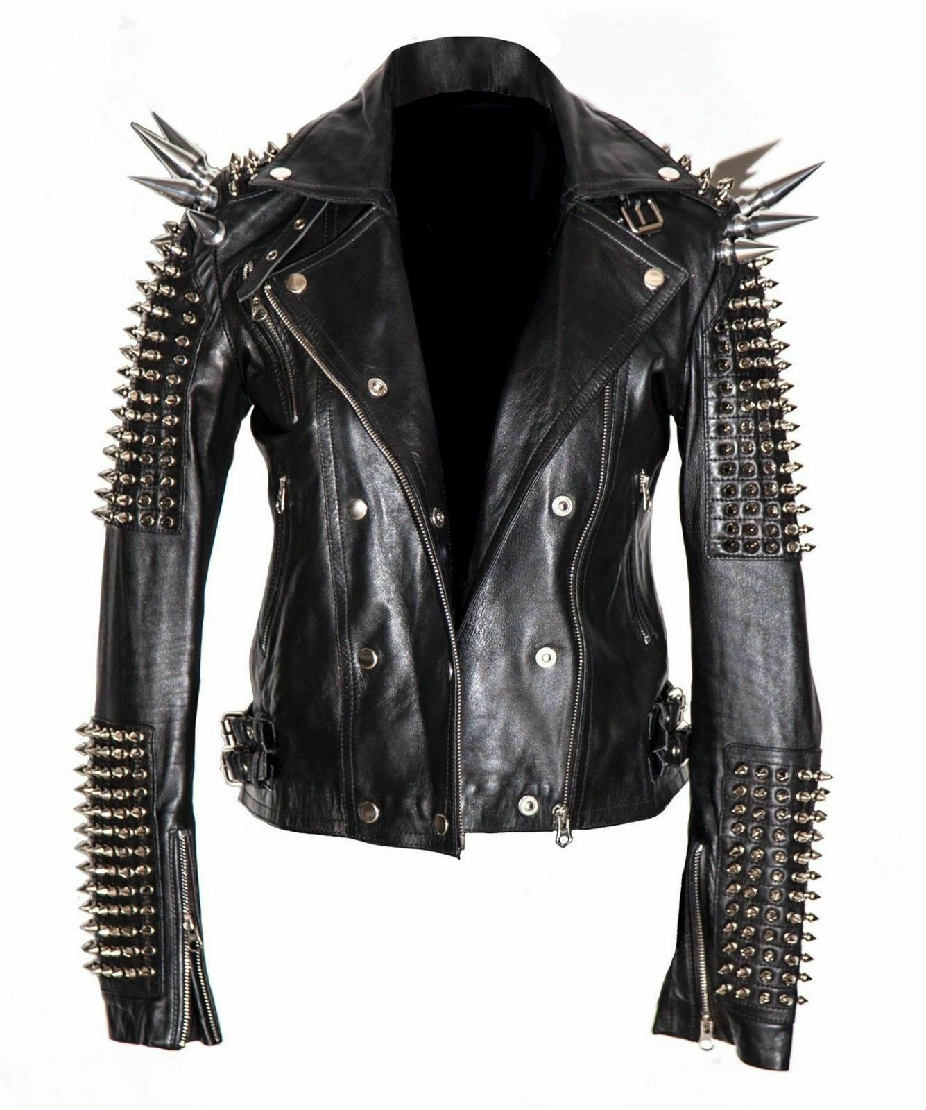 Men Silver Studded Long Spiked Jacket Leather Black Rock Punk Style Ja