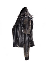 Load image into Gallery viewer, Men Silver Studded Long Spiked Jacket Leather Black Rock Punk Style Jacket - Shearling leather