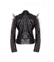 Load image into Gallery viewer, Men Silver Studded Long Spiked Jacket Leather Black Rock Punk Style Jacket - Shearling leather