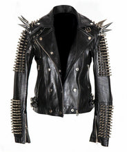 Load image into Gallery viewer, Men Silver Studded Long Spiked Jacket Leather Black Rock Punk Style Jacket - Shearling leather