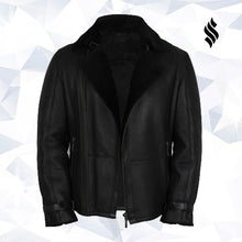 Load image into Gallery viewer, Men's Luxury Double Aviator Black Real Shearling Sheepskin Leather Flying Jacket - Shearling leather