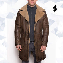 Load image into Gallery viewer, Men’s B3 aviator Sheepskin Shearling Leather Trench Brown Coat - Shearling leather