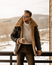Load image into Gallery viewer, Men's Brown B3 Flying Aviator Shearling Leather Long Jacket Coat