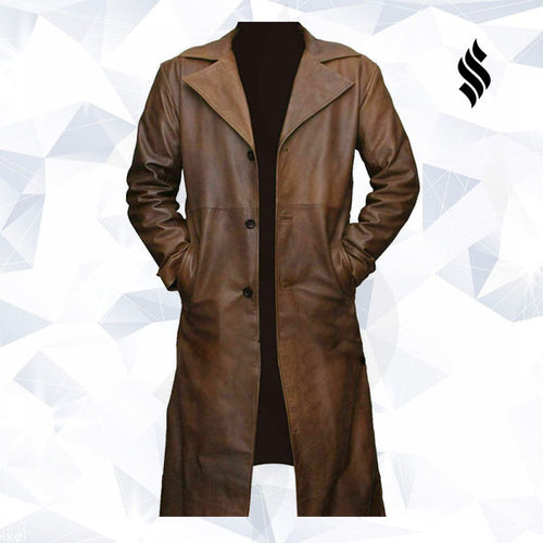 Men's Brown Leather Trench Coat Real Lambskin Leather - Shearling leather