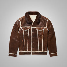 Load image into Gallery viewer, Men's Distressed Brown Sheepskin Flying Trucker Jacket