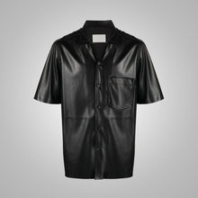 Load image into Gallery viewer, Men's Fine Grain Half Sleeves Black Leather Shirt