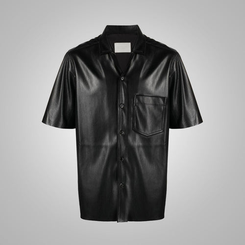Men's Fine Grain Half Sleeves Black Leather Shirt