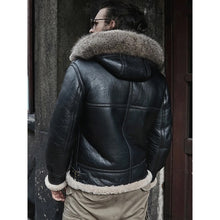 Load image into Gallery viewer, Men's Hooded RAF Aviator B3 Sheepskin Black Shearling Jacket