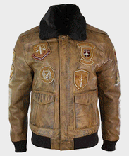 Load image into Gallery viewer, Mens Aviator Tan Bomber Leather Jacket