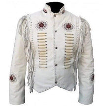 Load image into Gallery viewer, Men's Cowboy Leather Jacket Western Coat Fringes Beads White Jacket - Shearling leather