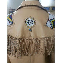 Load image into Gallery viewer, Men's Cowboy Leather Jacket Western Coat Fringes, Beige Color Cowboy Jacket For Men - Shearling leather