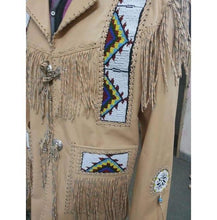Load image into Gallery viewer, Men's Cowboy Leather Jacket Western Coat Fringes, Beige Color Cowboy Jacket For Men - Shearling leather